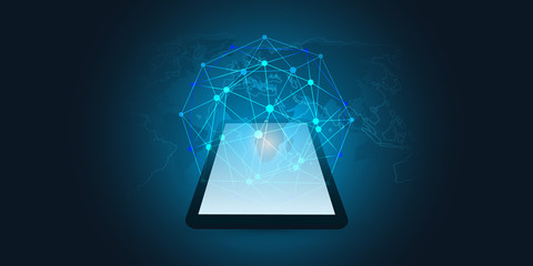 Cloud Computing Design Concept with Earth Globe and Tablet PC - Digital Network Connections, Technology Background, Vector Design 