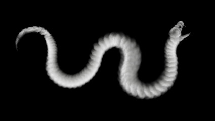 gray smoky snake with open mouth and poisonous fangs, isolated on black background. Abstract vector illustration of asp from smoky texture