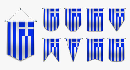 Set of hanging flags of the GREECE with textile texture. Diversity shapes of the national flag country. Vertical Template Pennant for background, banner, web site, logo,award, achievement, festival.
