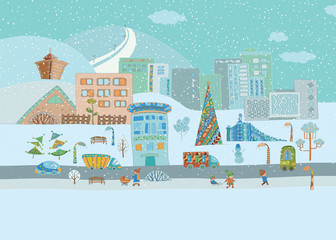 Panorama. Colorful hand-drawn of  winter city life