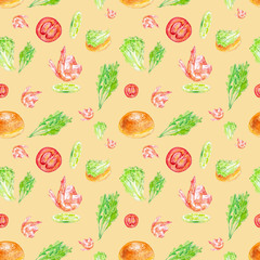 Watercolor Seamless pattern with shrimp, lime, tomato, salad, bun and herbs . Illustration isolated on yellow background