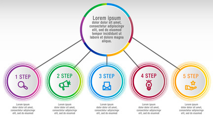 Modern vector illustration 3D data visualization. Infographic circles template with five elements, sectors, icons. Designed for business, presentations, web design, interface, diagrams with 5 steps