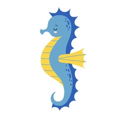 Cute cartoon blue Sea horse isolated. Seahorse on a white background, vector illustration.