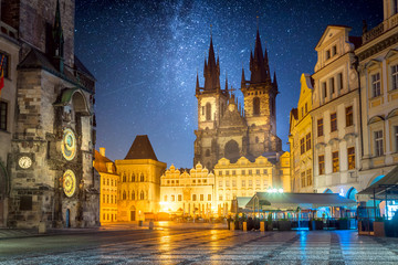 Fototapeta na wymiar Old Town Square at night in Prague with stars sky