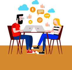 Flat vector illustration of a boy and a girl surfing the internet from their laptops