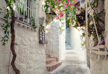 Naklejka na ściany i meble Beautiful Streets of old Marmaris. Narrow streets with stairs among the houses with white brick, green plants and flowers in the old town of resort of in Turkey