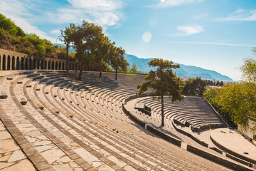 Panoramic view of old amphitheater in Marmaris Town. Reconstructed open-air stone theater. Marmaris...