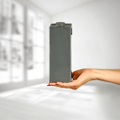 Juice product in woman hands. Free space for your decoration.