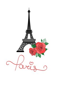 Vector illustration of Eiffel Tower and roses. T-shirt print design