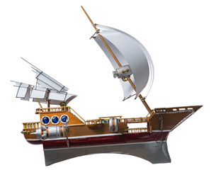 Flying is a fantastic sailing boat with powerful motors and propellers on a white background