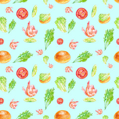 Watercolor Seamless pattern with shrimp, lime, tomato, salad, bun and herbs . Illustration isolated on blue background