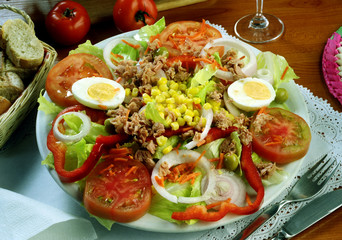 Plato con una ensalada de lechuga, tomate, pimiento, cebolla, zanahoria, maiz, aceitunas, Huevo hervido y atún.