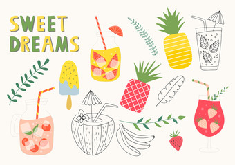 Set of summer lemonade and cocktails. Vector isolated illustration.