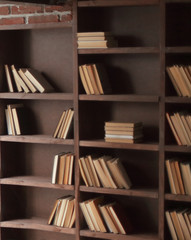 wooden shelf with books in the library. background concept