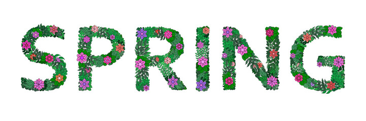 Inscription Spring made of flowers, branches and leaves. Floral spring alphabet. Vector.