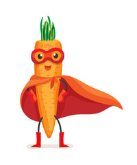 Cute food carrot in cloak of superhero and mask. © Idey