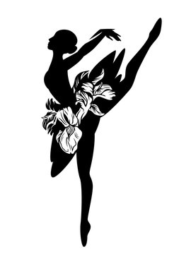 recommend clip art: graceful ballerina girl with iris flowers tutu - standing ballet dancer black vector silhouette