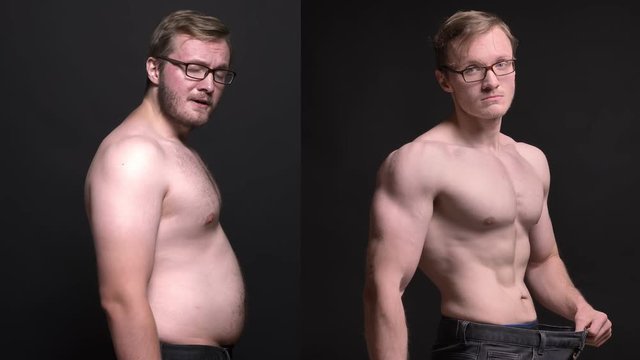 Compound clip of obese man in profile touching his stomach and well-built one presenting the result of losing weight on black background.