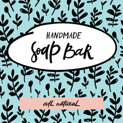 Handmade soap bar label with handdrawn lettering and floral seamless pattern