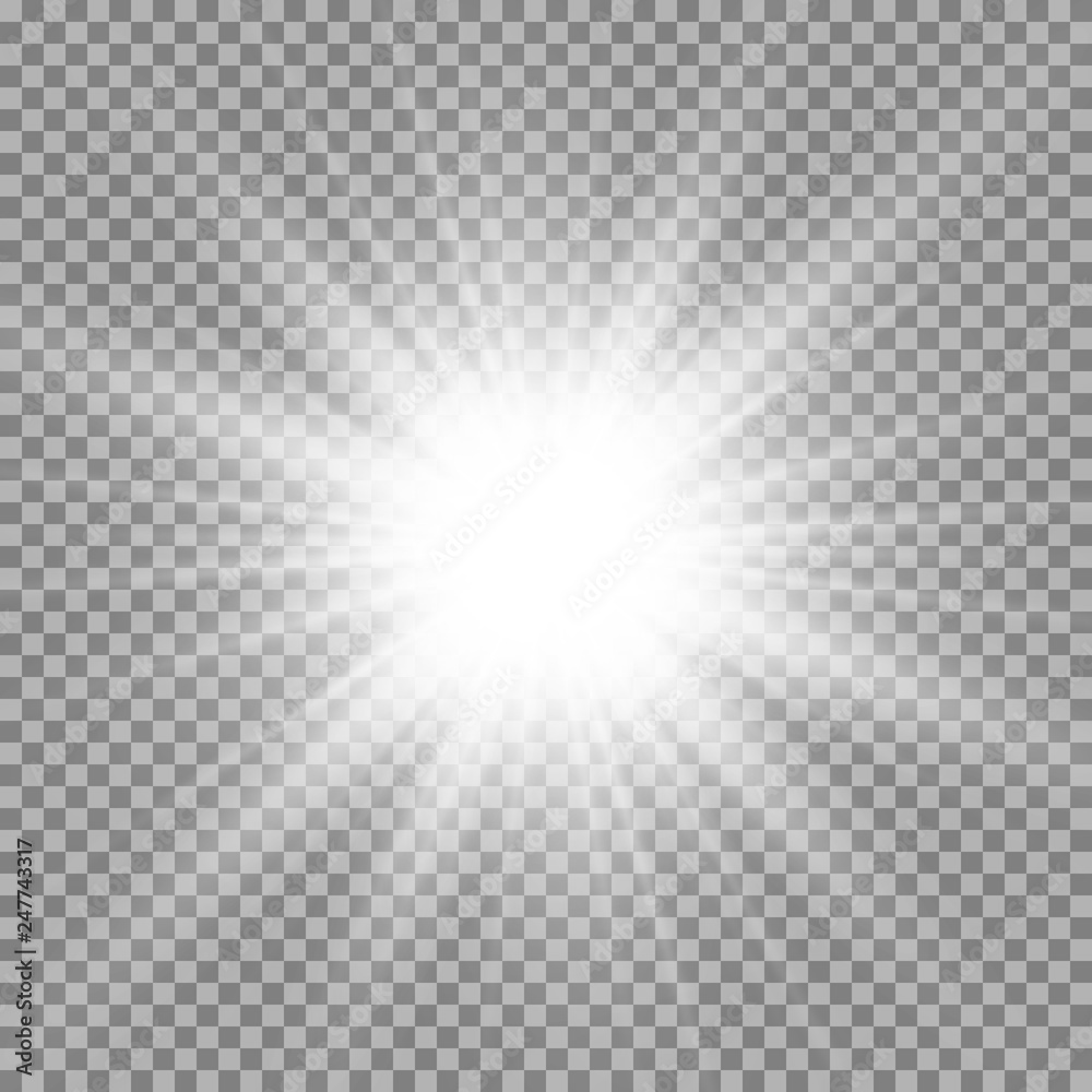 Poster White beautiful light explodes with a transparent explosion. Vector, bright illustration for perfect effect with sparkles. Bright Star. Transparent shine of the gloss gradient, bright flash