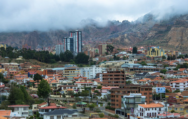 Cityscape of La Paz in Bolivia with morning fog