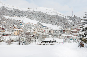 St. Moritz, St. Moritzersee, Oberengadin, Engadiner Dorf, Corviglia, Alpen, Winter, Wintersport, Graubünden, Schweiz