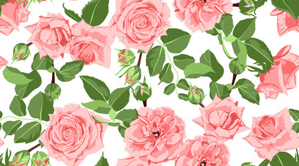 Seamless Floral Rose Pattern with Leaves.