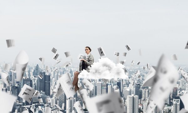 Woman Float Above City On Cloud And Papers Flying Around