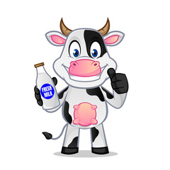 Obraz premium Cow holding milk bottle and give thumb up