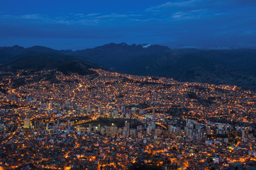 View over the city center of La Paz, Bolivia at night. Cityscape of night La Paz city