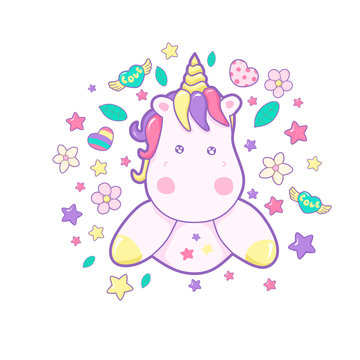 Kawaii cute unicorn head face on the cloud pastel color © viktoria