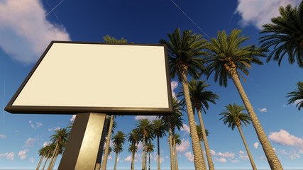 Naklejka premium Billboard mock up, tropical version with palms, 3D rendering