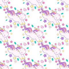 Seamless pattern with unicorns. Cute kawaii unicorn with magical elements. Vector background.