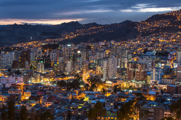 Fototapeta premium View over the city center of La Paz, Bolivia at night. Cityscape of night La Paz city
