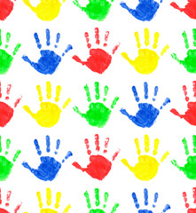 Obraz premium Seamless pattern of multi-colored prints of children's palms. The prints are made with finger paints. In a row. Illustration.