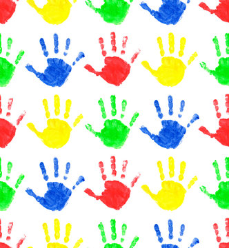 Seamless pattern of multi-colored prints of children's palms. The prints are made with finger paints. In a row. Illustration.
