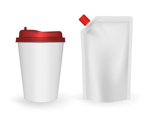 Disposable takeaway cup and spouted pouch with screw cap, template