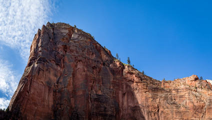 the cliff face of zion national park on a clear crisp blue autumn day