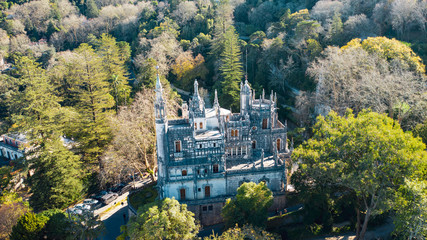 Aerial; drone view of Quinta da Regaleira palace on the Sintra hilltop; World Heritage Site by...