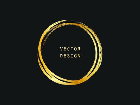 Metalic Gold Circle Shape. Label, Logo Design Element, Frame. Brush Abstract Wave. Vector Illustration.