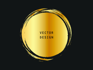 Metalic gold circle shape. Label, logo design element, frame. Brush abstract wave. Vector illustration. - 247747585
