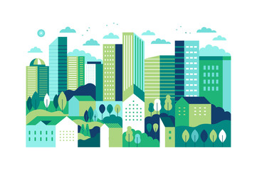 Vector illustration in simple minimal geometric flat style - city landscape with buildings, hills and trees © venimo
