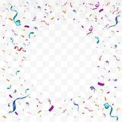 Lots of colorful tiny confetti and ribbons on transparent background. Festive event and party. Multicolor background.Colorful bright confetti isolated on transparent background