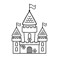 Fairy tale cartoon castle coloring page. Vector illustration.