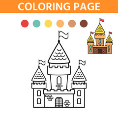 Activity page for kids. Coloring book with a contour and color example. Castle. Vector illustration
