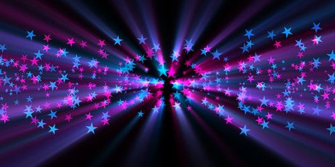 Fototapeta premium blue and purple stars radiating rays of light on a black background, illustration
