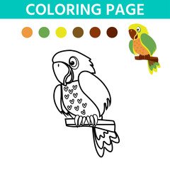 Activity page for kids with easy educational gaming level. Coloring book with a contour and color example. Parrot.   Vector illustration