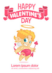 Cute cartoon cupid baby boy character with wings holding bow and arrows