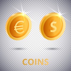 3d gold coins dollar and euro in realistic style,modern trendy flyer concept on transparent background,business finance currency mockup banner design.Cash money sign icons,web online concept