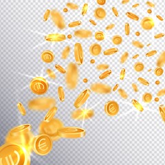 3d euro gold coins explosion in realistic style,big win jackpot game casino concept on transparent background,business finance currency mockup banner design.Cash treasure icons,web online concept